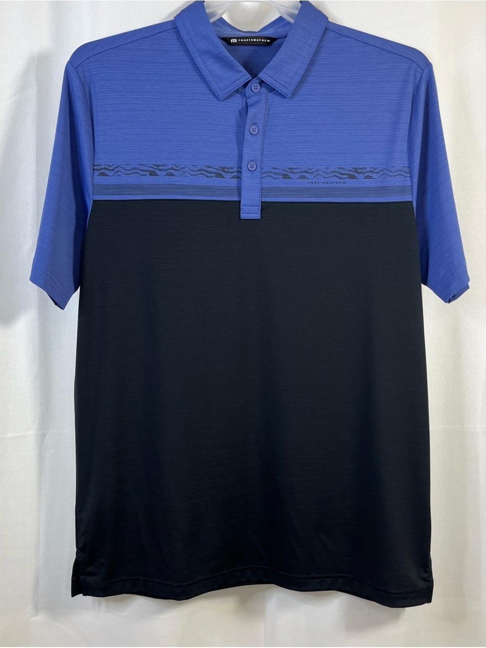 TravisMathew Men's blue/black Wave Pattern stripe Polo Golf shirt Perfomance L